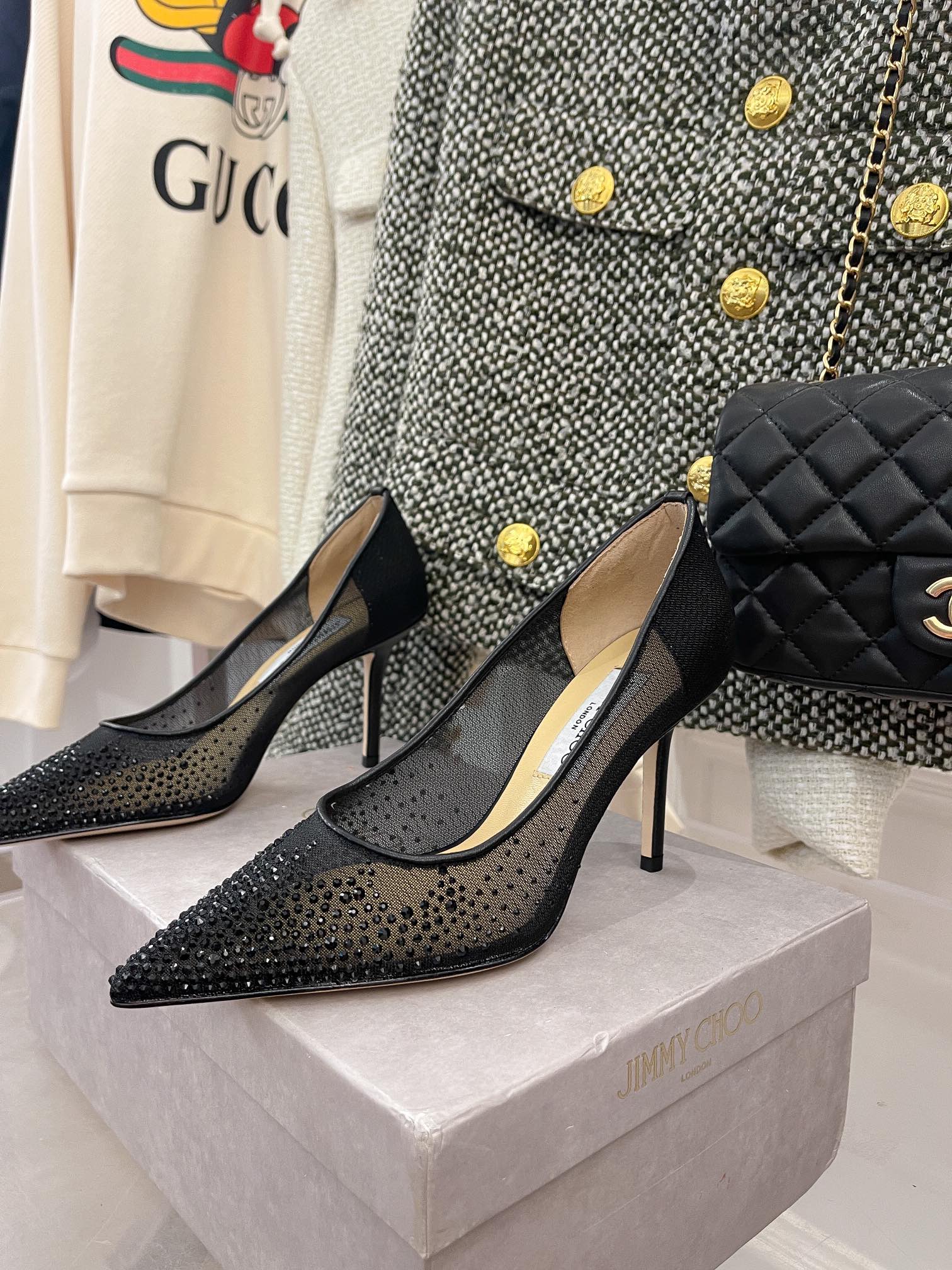 Jimmy - Туфли на высоком каблуке с сетчатой ??отделкой и стразами - Черные