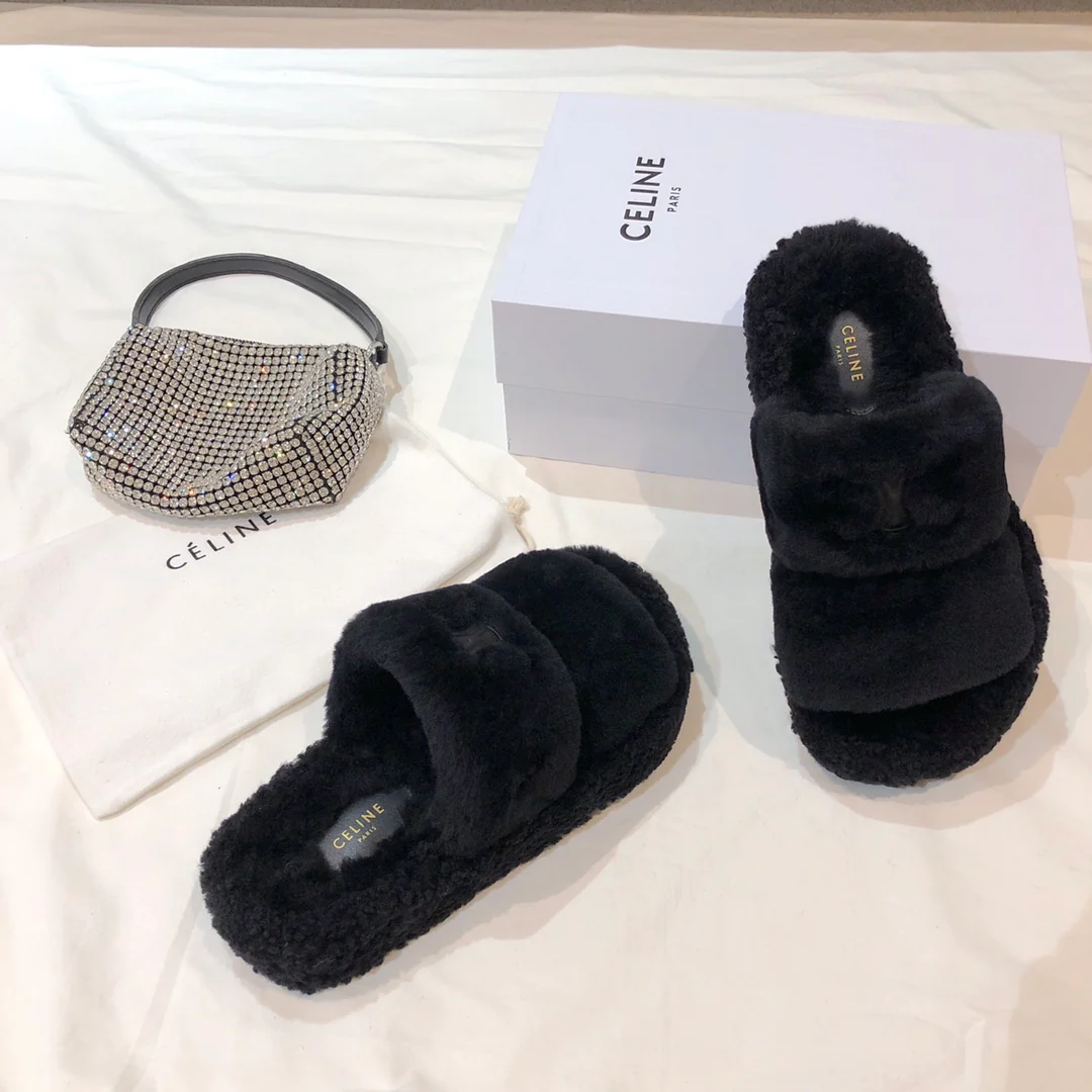 Туфли Celine - Меховые тапочки Celine - черные