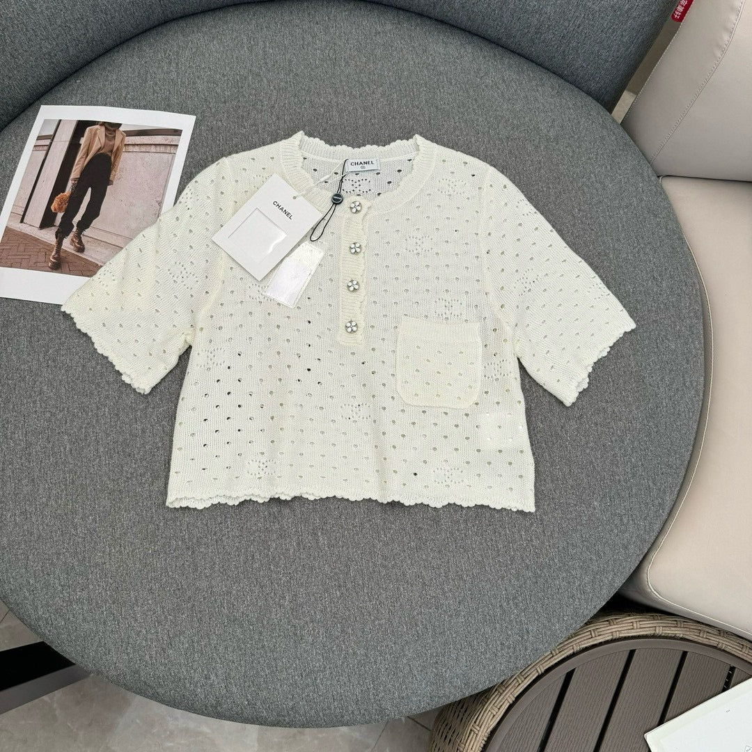 Chanel 2403 Весна/Лето Новинка Ажурный вязаный топ крючком - Свежий и чистый стиль Chanel - Белый