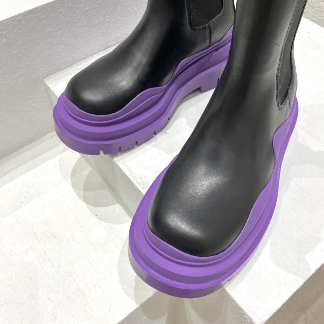 BV-22ss - Британские ретро-сапоги до середины икры - Унисекс - Черные с фиолетовой подошвой