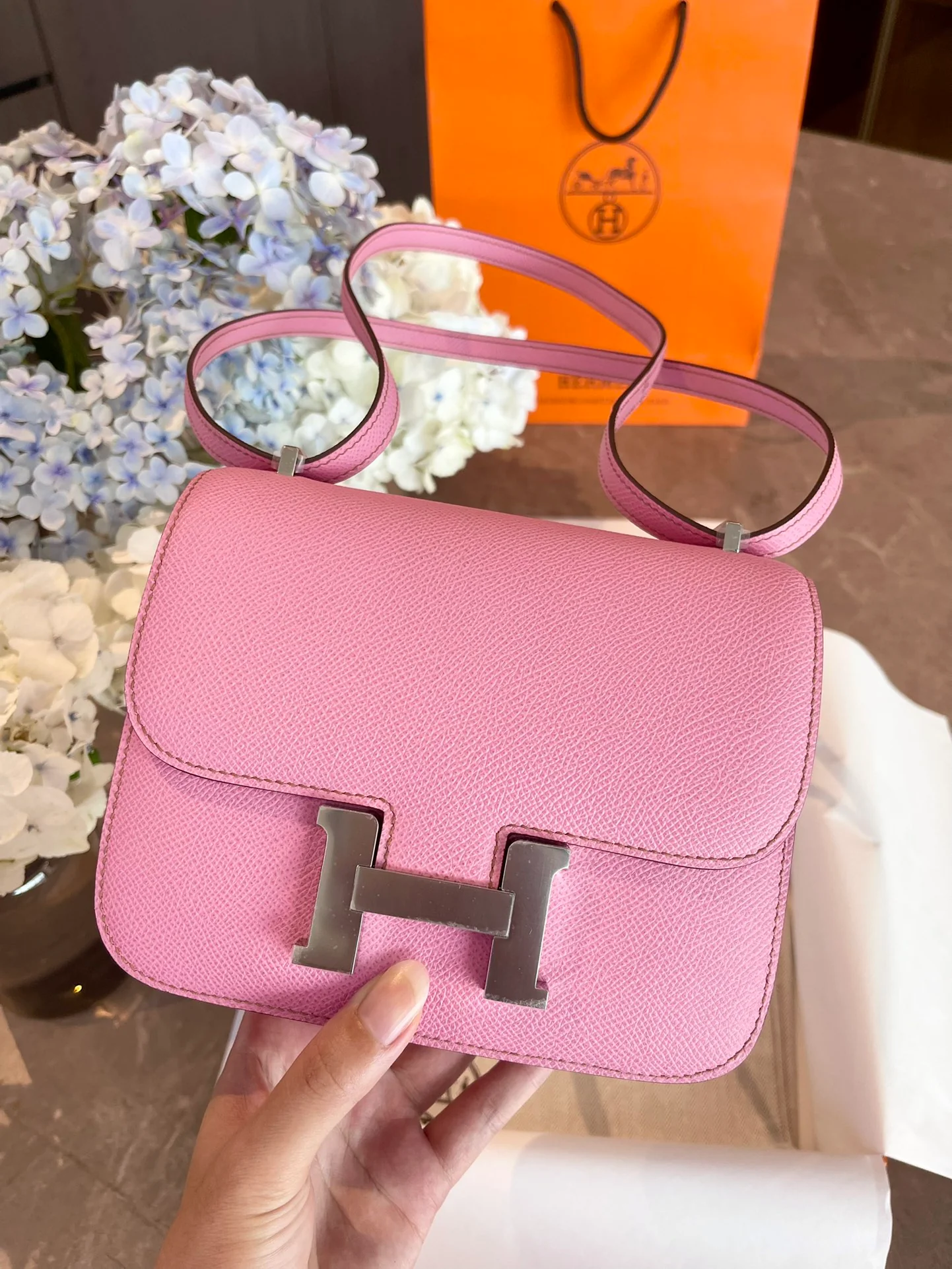 Hermes Constance 19-5p Вишневый розовый серебряный пряжка