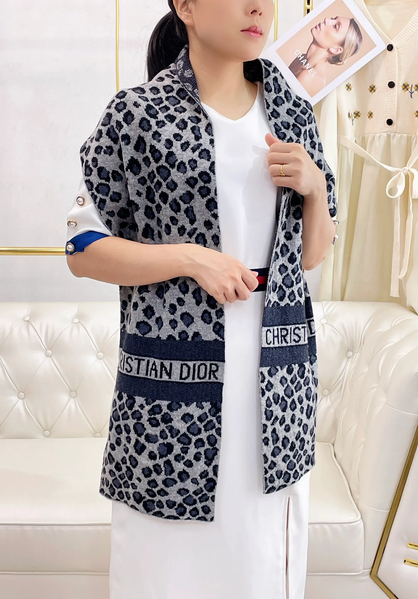 Dior - Вязаный шарф с леопардовым принтом - 35 - 180 см - 100% кашемир