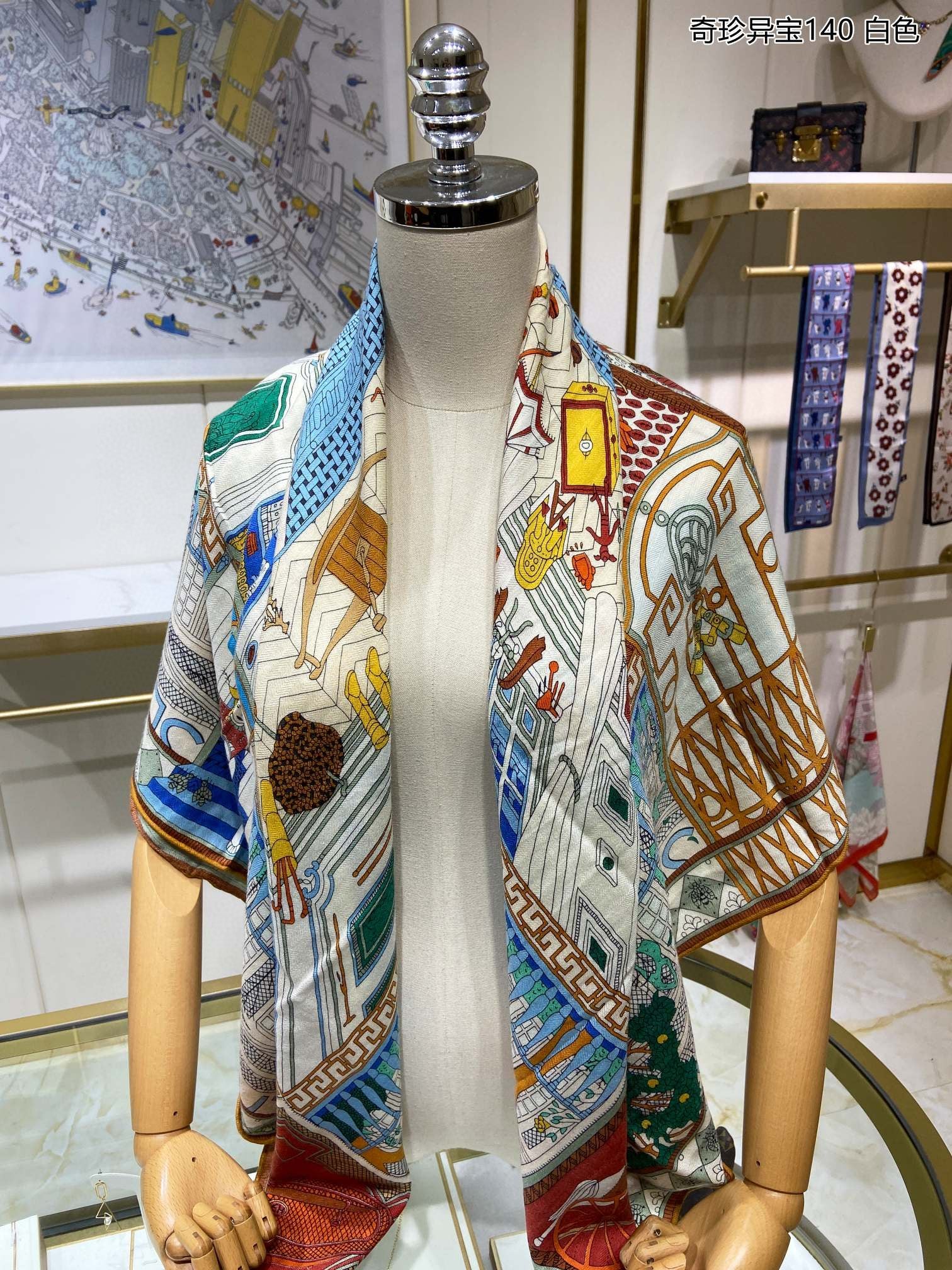 Большой квадратный шарф Hermes Exotic Treasures - 140 см - 70% кашемир - 30% шелк - синий