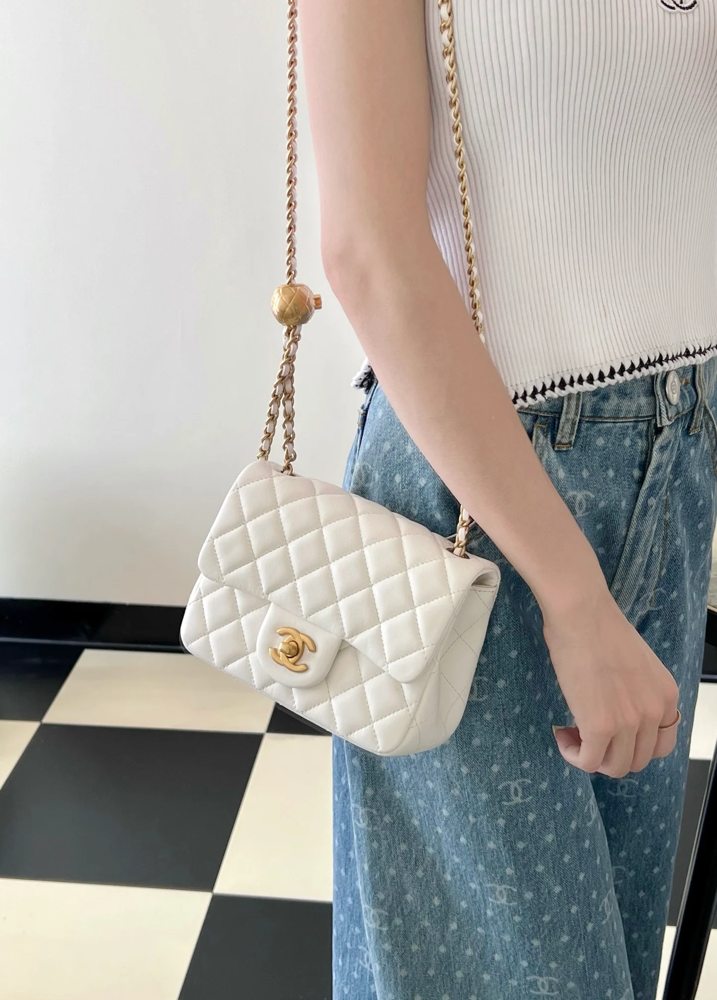 Chanel CF Gold Ball Square Fat Man - White