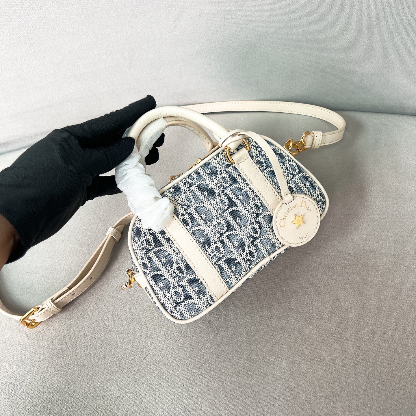 Сумка-боулинг в стиле Dior — миниатюрный размер — сине-белая