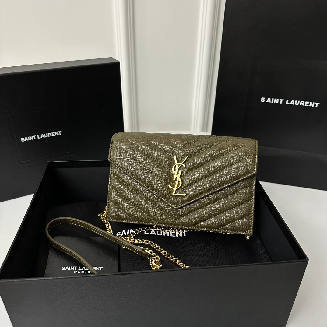 YSL Monogram Caviar WOC - темно-зеленый с золотой фурнитурой - 22 см