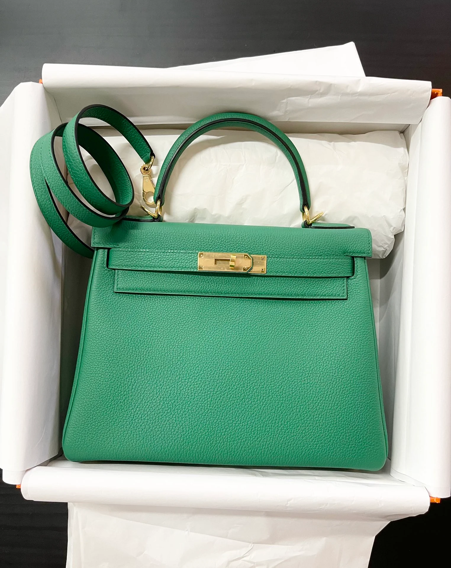 Сумка Hermes Kelly 28 Togo - Внутренние швы - Бархатно-зеленый цвет - Золотистая фурнитура