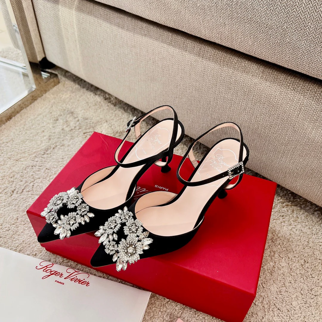Туфли RV - пряжка с цветочными стразами - босоножки на высоком каблуке - черные