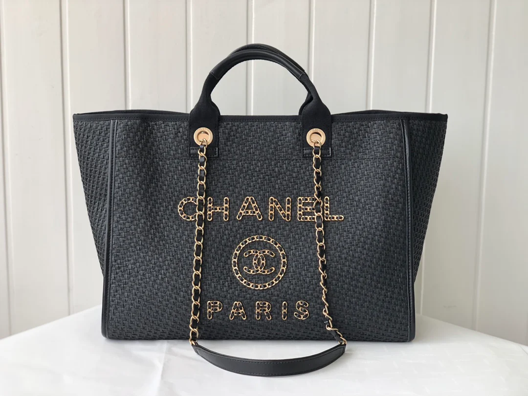 Соломенная пляжная сумка Chanel - Черная - Большая