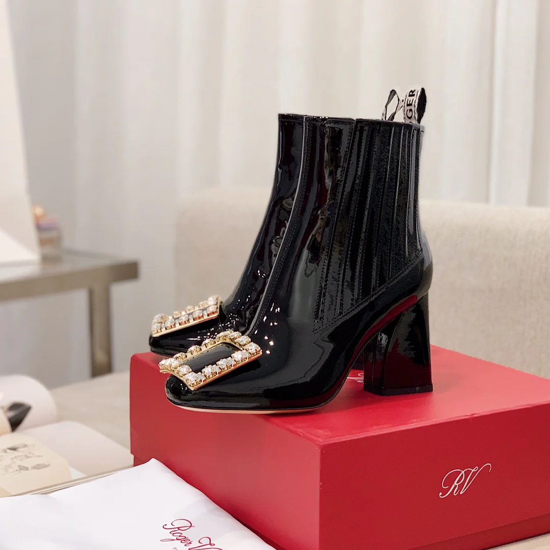 RV Shoes - 22ss - Ботильоны на массивном каблуке, украшенные стразами - Стиль Оуян Наны