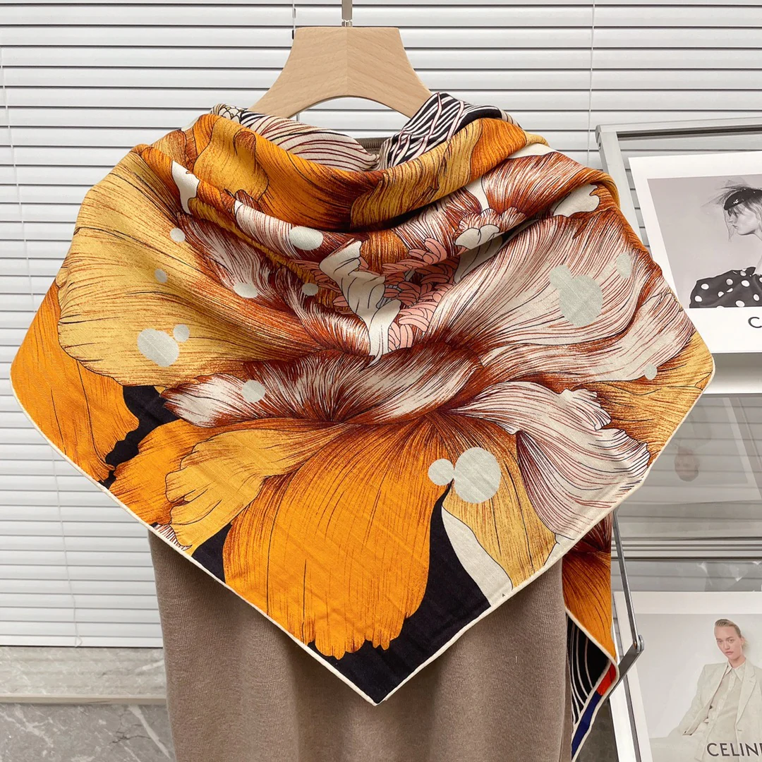 Большой двусторонний шарф Hermes - 136 см - 30 - Шелк 70 - Шерсть - 9