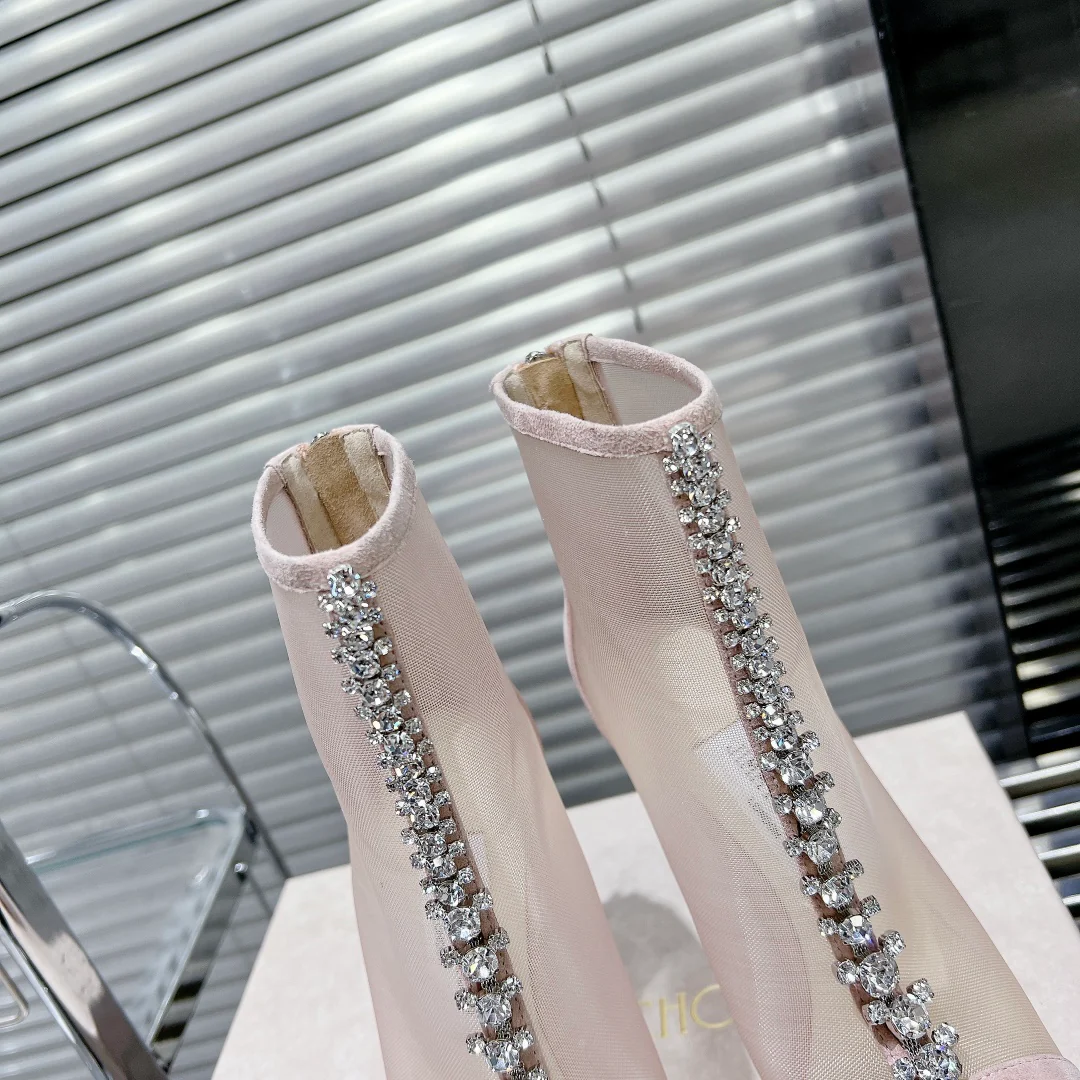 Jimmy - Новинка весны/лета 2023 - Ботильоны на шпильке из сетчатой ??ткани - Розовые со стразами