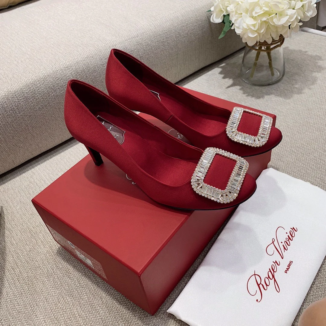 Туфли на банановом каблуке RV-7-5 см - Шелковая пряжка со стразами - Красные
