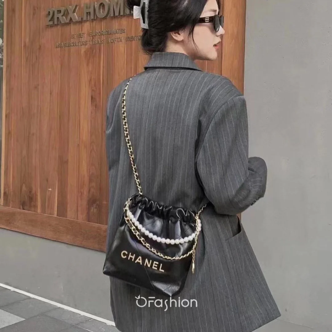 Сумка Chanel No. 22 - черная - двойная цепочка - жемчужная цепочка