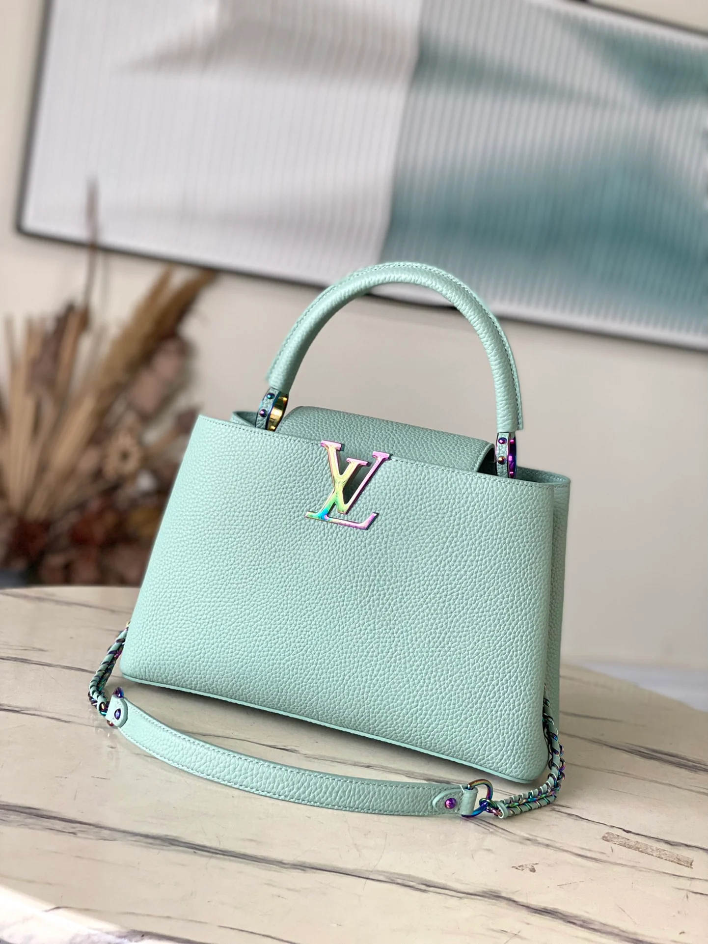 m22055-LV-Taurilon Leather-Capucines Handbag-Light Green with Spickled Gold Pulles-Medium Size