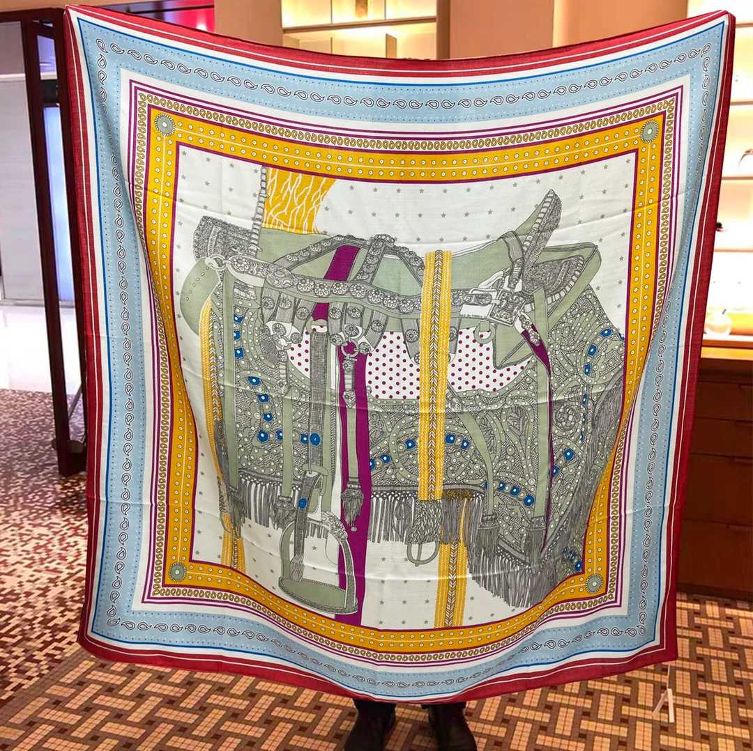 Бархатный шарф Hermes - 140 см - 30 - Шелк 70 - Шерсть