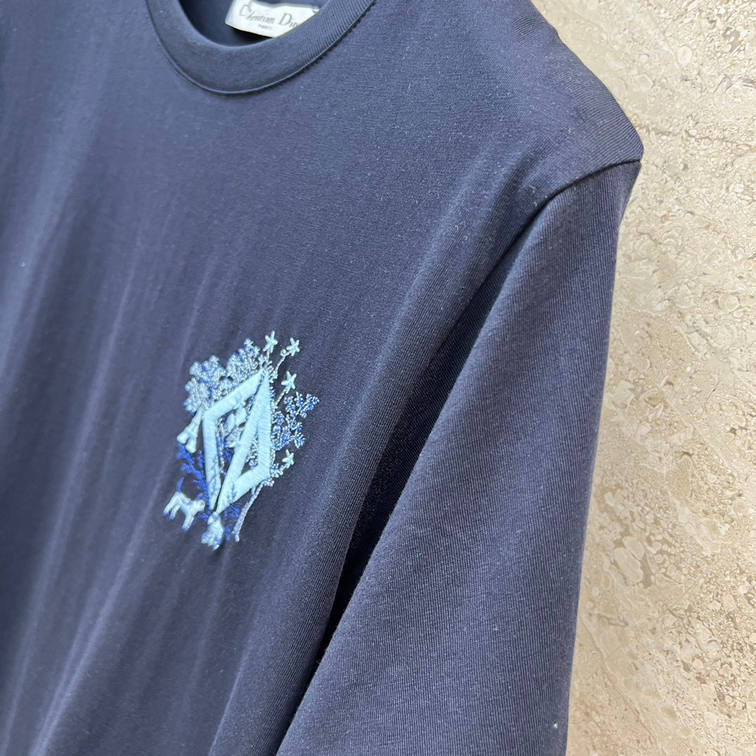 Новинка сезона весна/лето 2024 - Футболка с коротким рукавом и круглым вырезом, с вышивкой в ??виде щенка - синяя