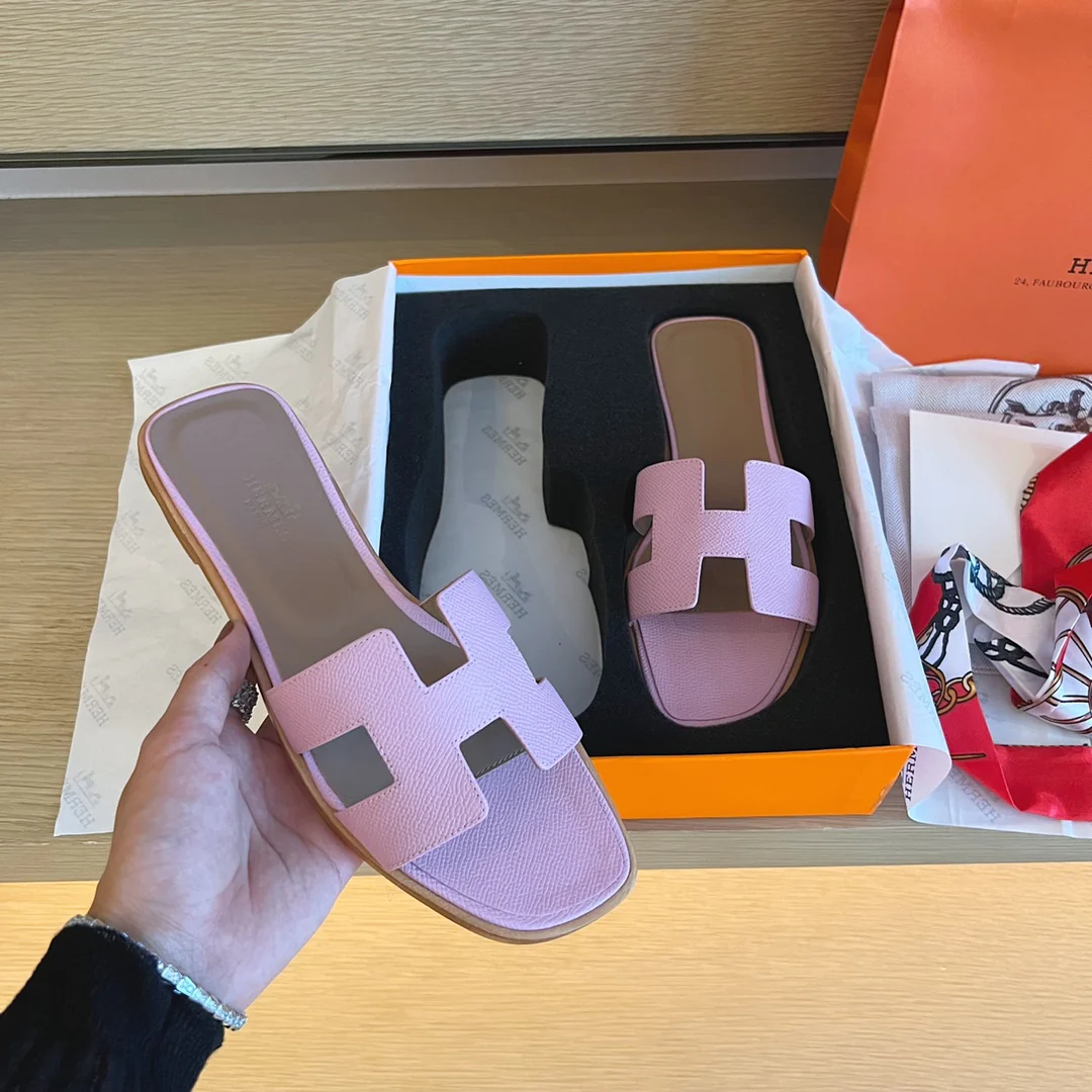 Тапочки Hermes-h на плоской подошве - серия с принтом пальмовых листьев - 1