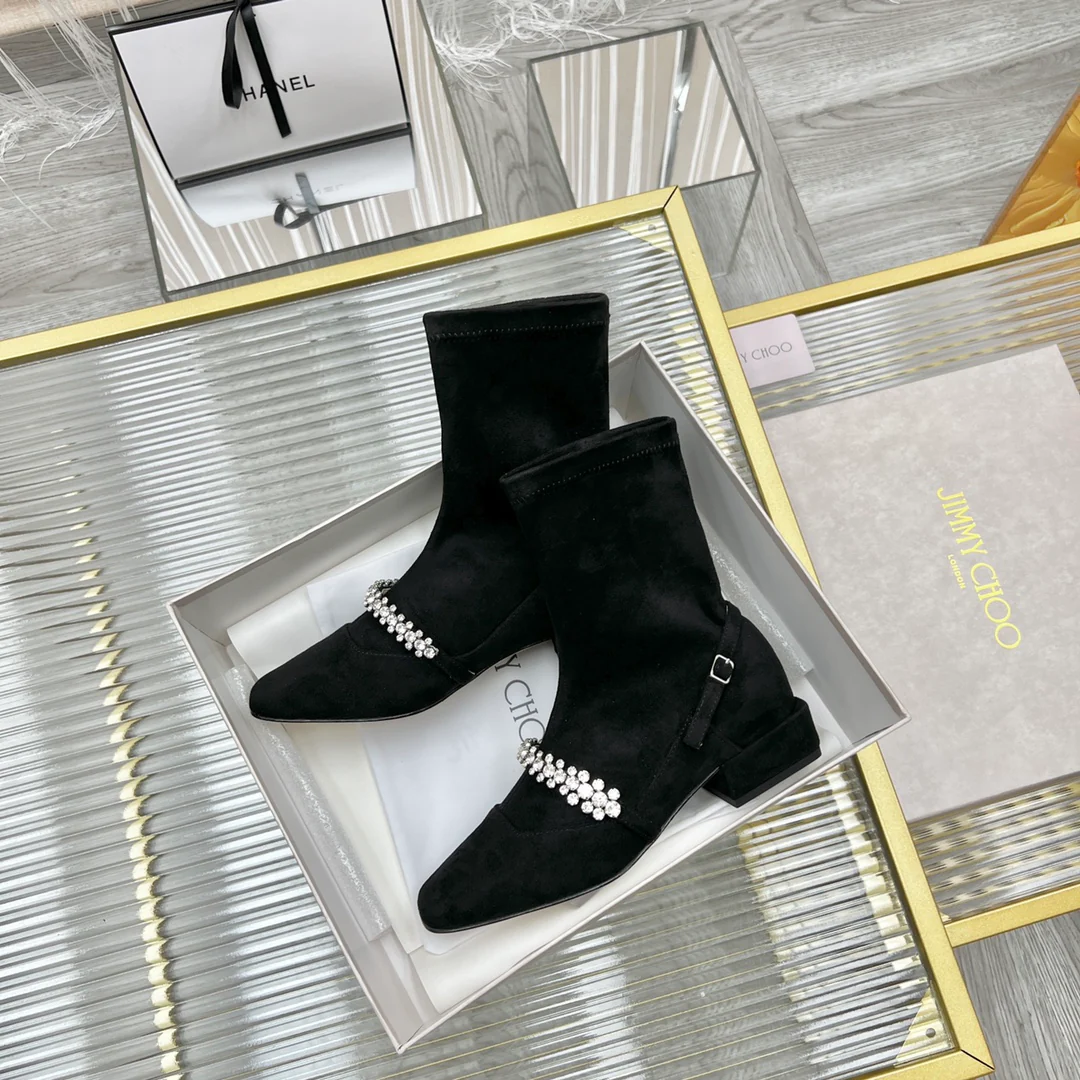 Ботильоны Jimmy с квадратным носком и стразами на цепочке - черные