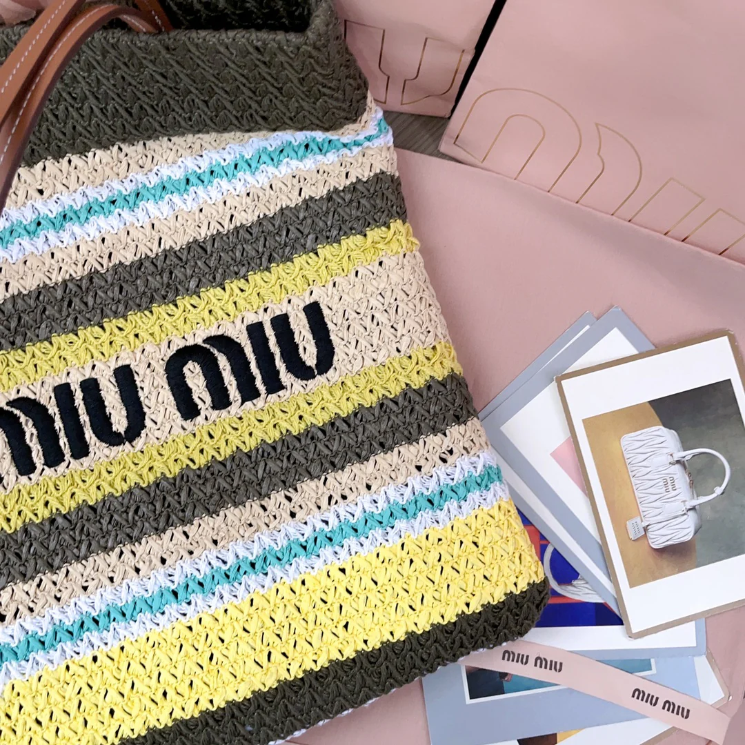 Miu Miu-5bg248 - Вязаная сумка-шоппер из рафии и хлопковой пряжи, маленькая