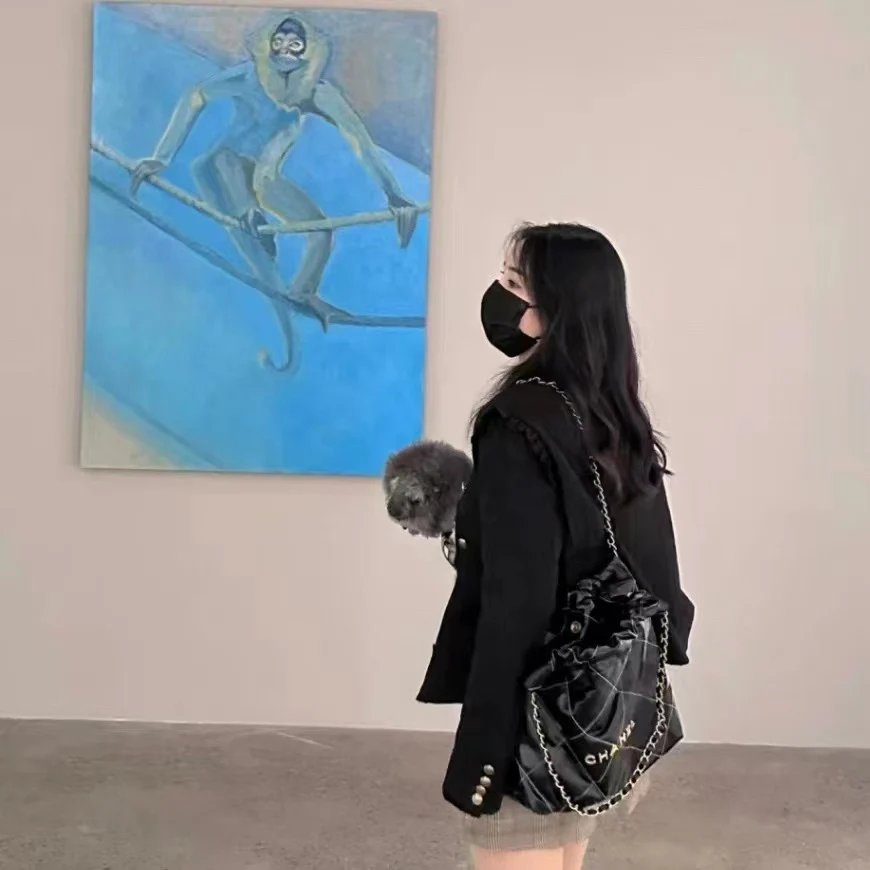 Сумка Chanel из круизной коллекции 2023 года, размер 22, средний размер, черная. Фотографии в действии.