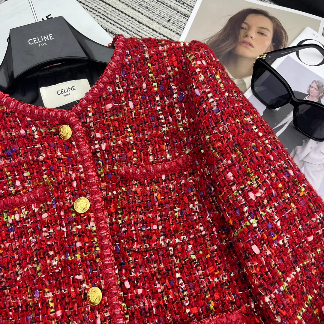 Celine - 2403 - Новая красная твидовая куртка для ранней весны 2024 года