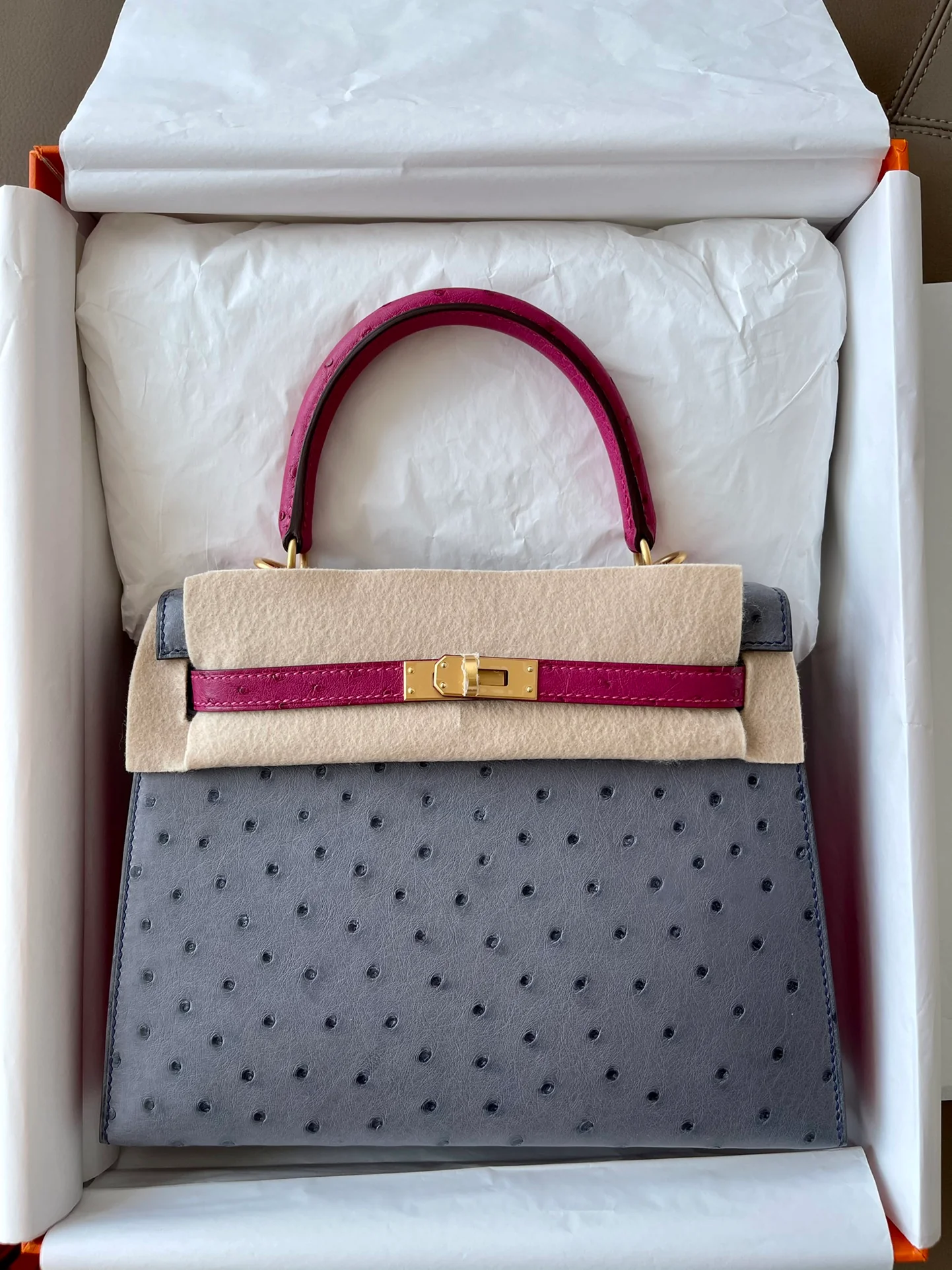 Hermes Kelly 25 So Ostrich - Agate Grey with L3 Rose Purple