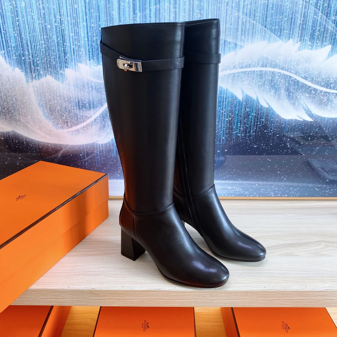 Кожаные сапоги Hermes на молнии - черные