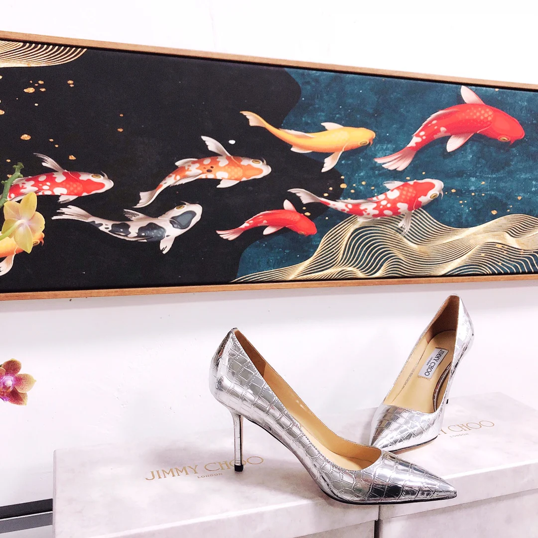 Jimmy - Туфли на высоком каблуке необычной формы - Узор под камень - Серебристые