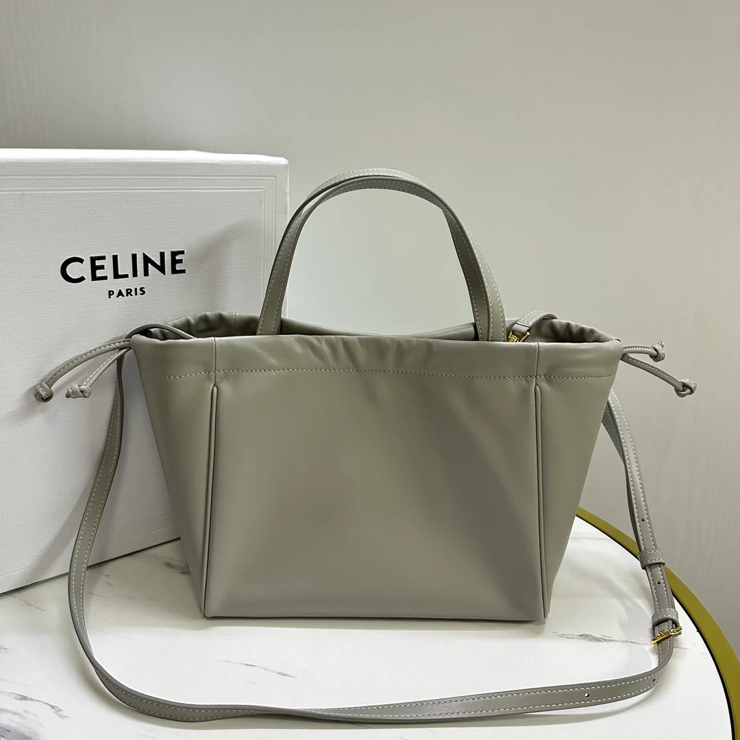 Сумка Celine Cabas Triomphe из гладкой кожи с завязками — серая — маленькая