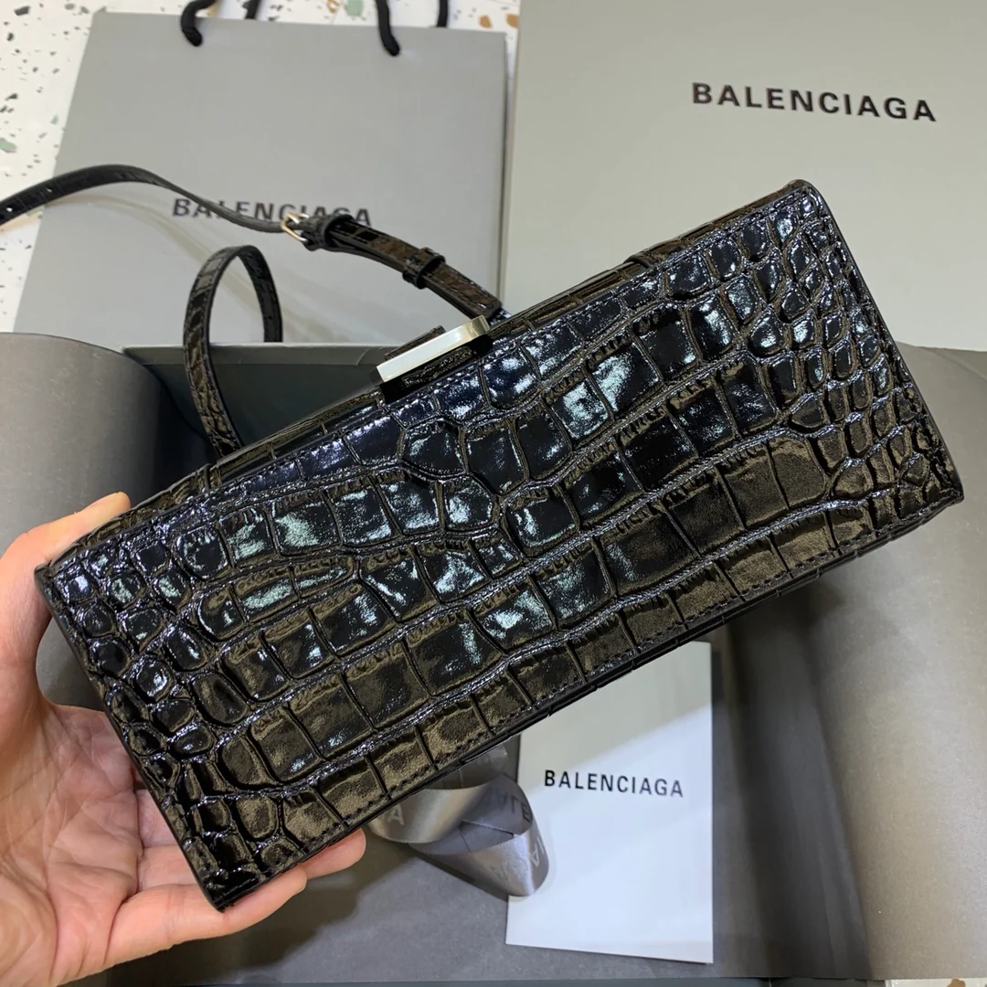 Сумка Balenciaga Hourglass - Черная с крокодиловым рисунком - Серебряная фурнитура