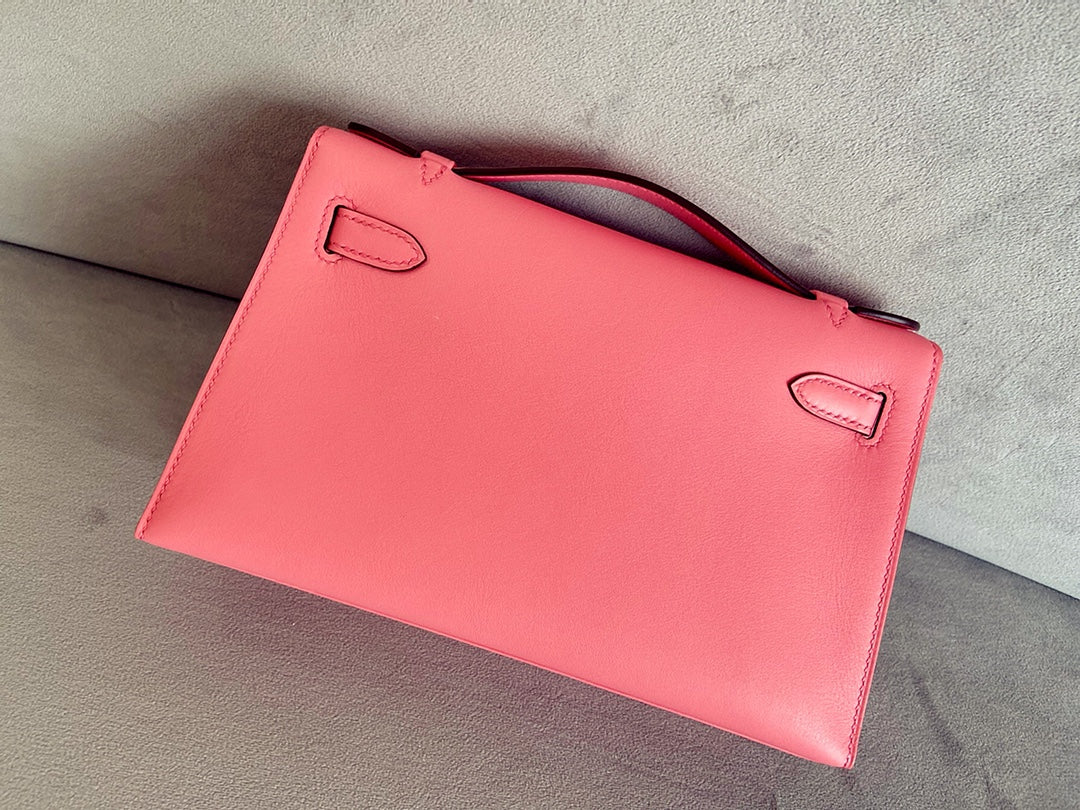 Мини-сумка Hermes Kelly 1-го поколения, 22 см, из быстрой кожи, модель K4, летняя роза, с серебряной пряжкой.