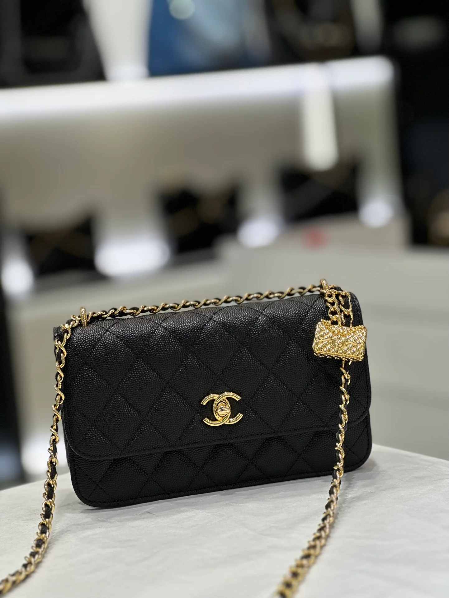 Коллекция Chanel Весна/Лето 2023 - Подвесной телефон-гармошка - WOC - Кожа с зернистой текстурой 
