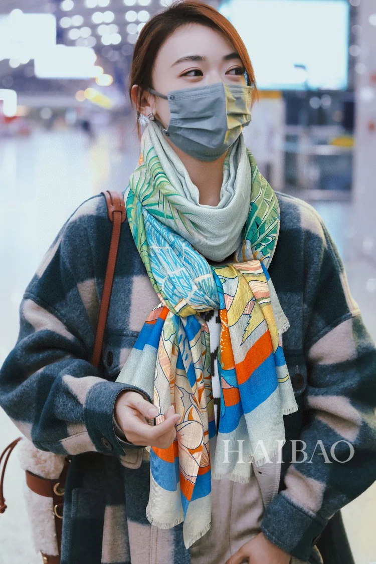 Длинный шарф Hermes в стиле ?Кокосовая пальма? — 110 см x 200 см — 100% высококачественный кашемир — синий.