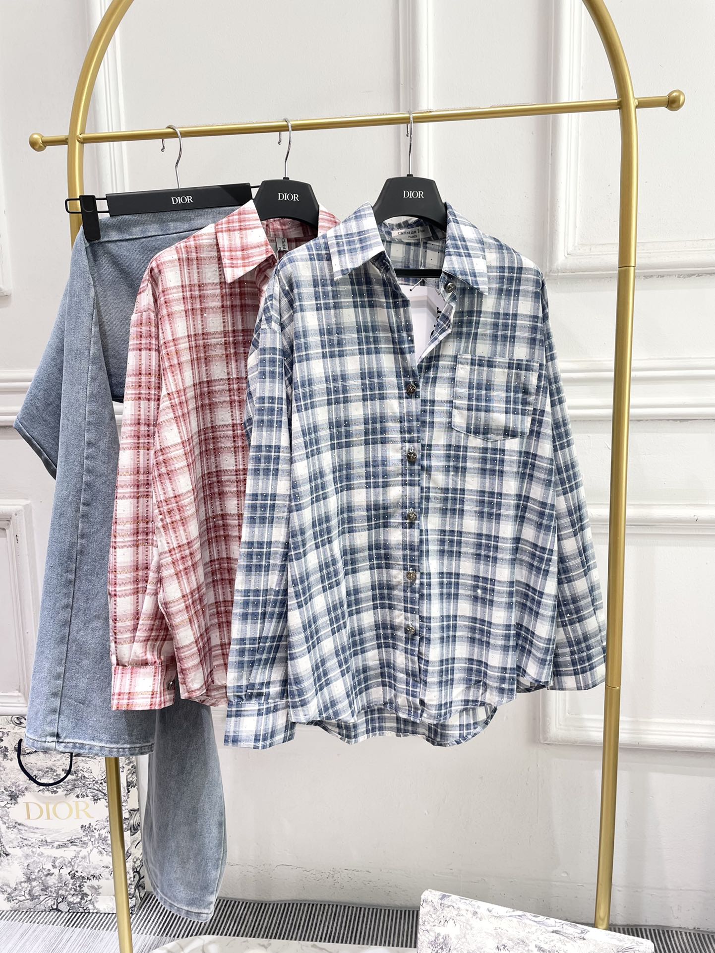 Miu Miu - 2404 - Классическая клетчатая рубашка, украшенная стразами - Синяя