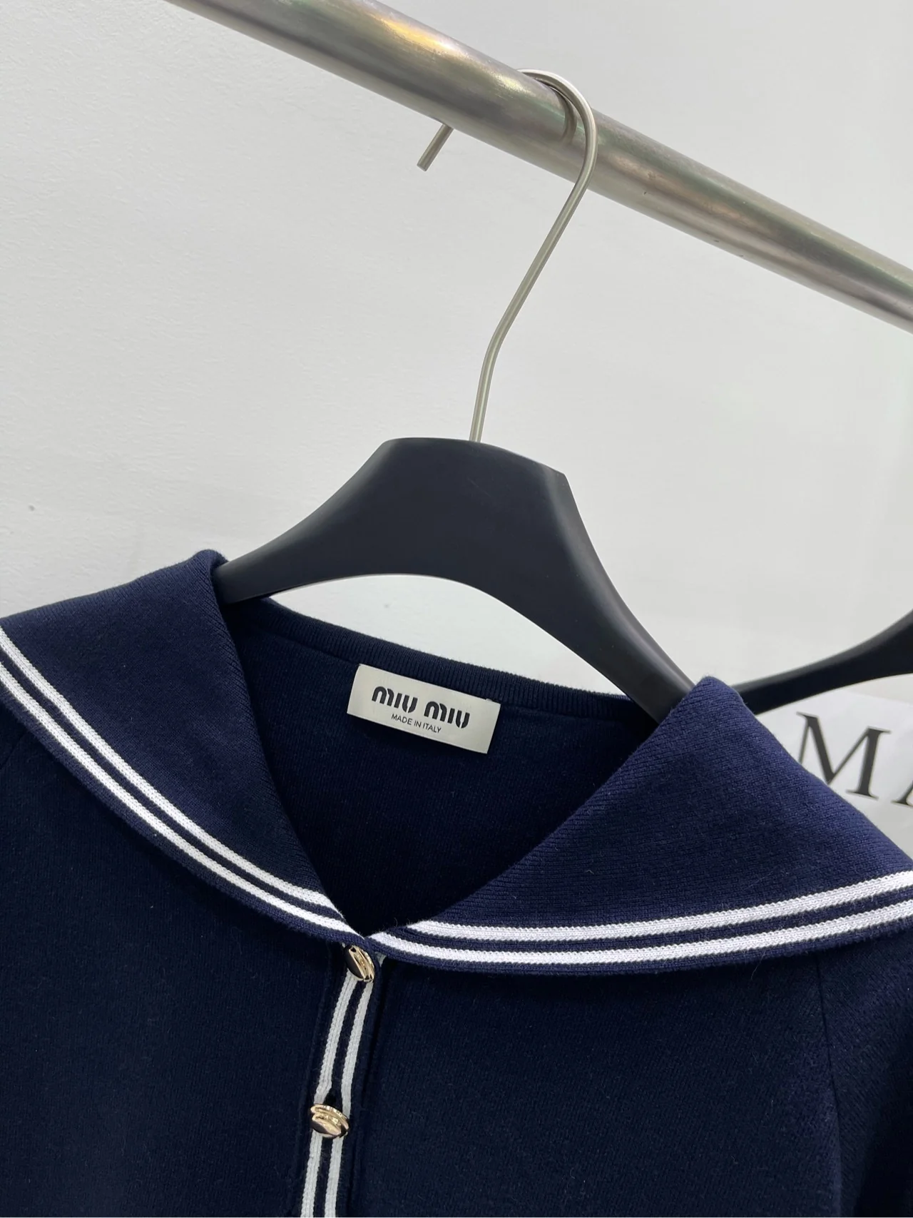 Miu Miu-2404 Футболка с коротким рукавом и воротником, темно-синяя с белой отделкой