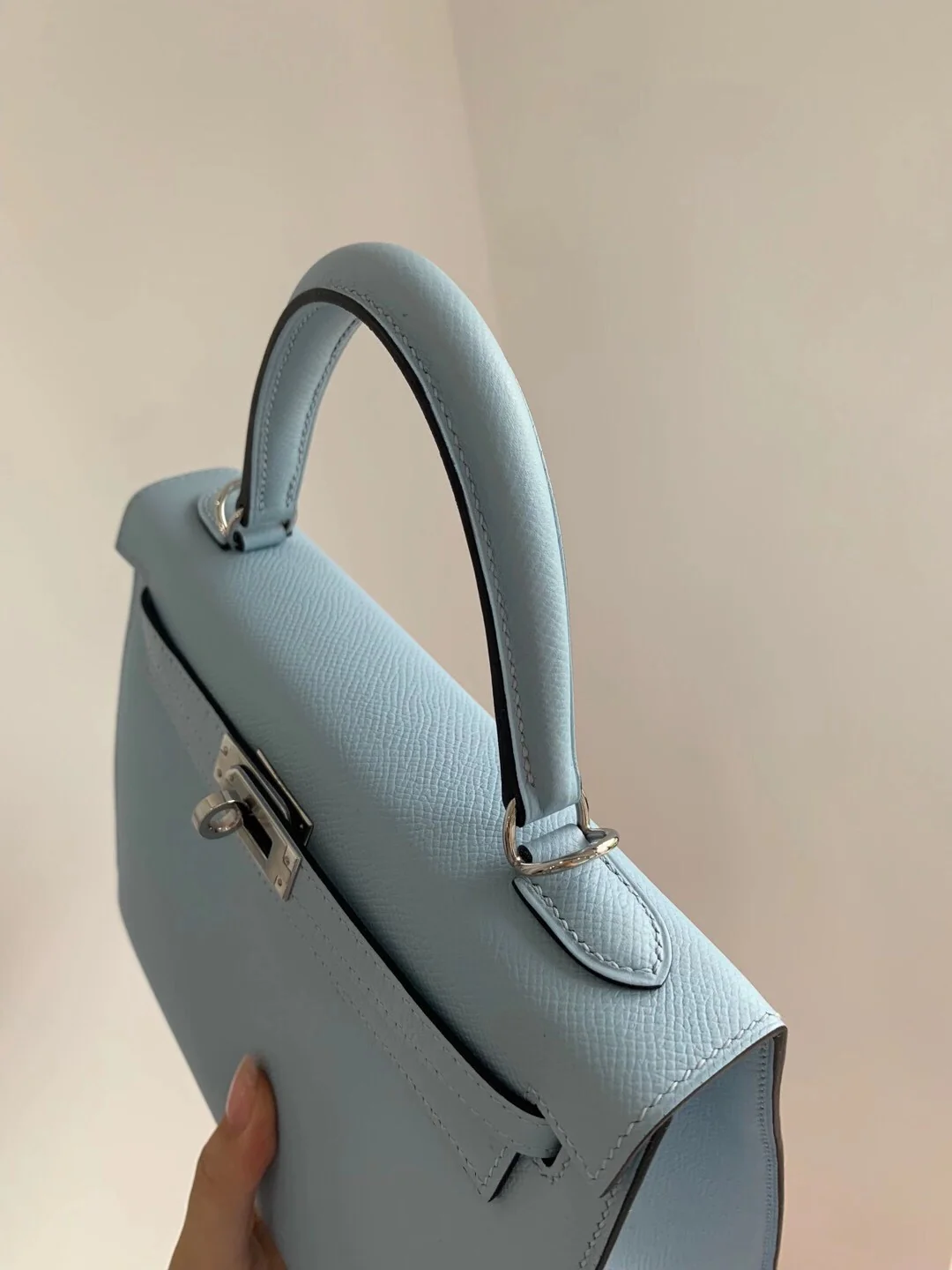 Hermes Kelly 25 Epsom T0 Haze Blue Silver Button