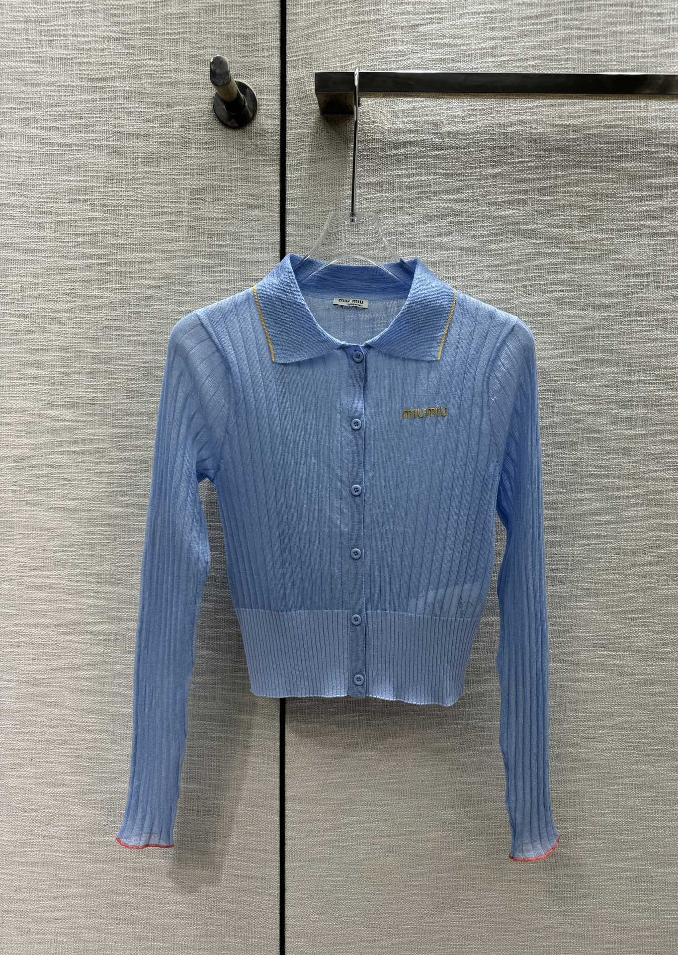 Miu Miu - 2404 - Вязаный кардиган с длинными рукавами и воротником-поло в стиле колор-блок - Синий