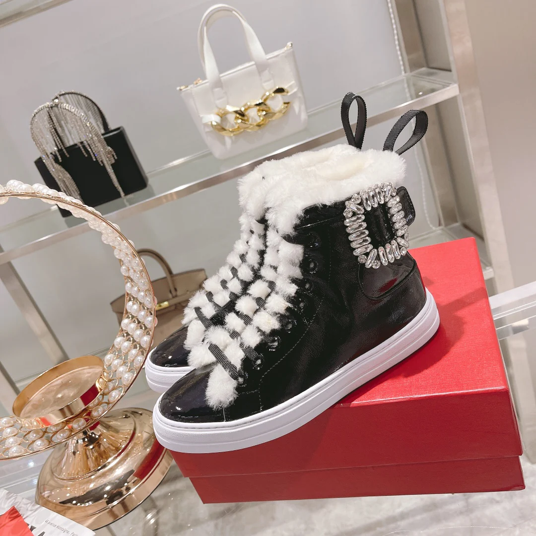RV-Diamond Buckle Patent Leather Fur Lined High-top Shoes-White Fur Lining