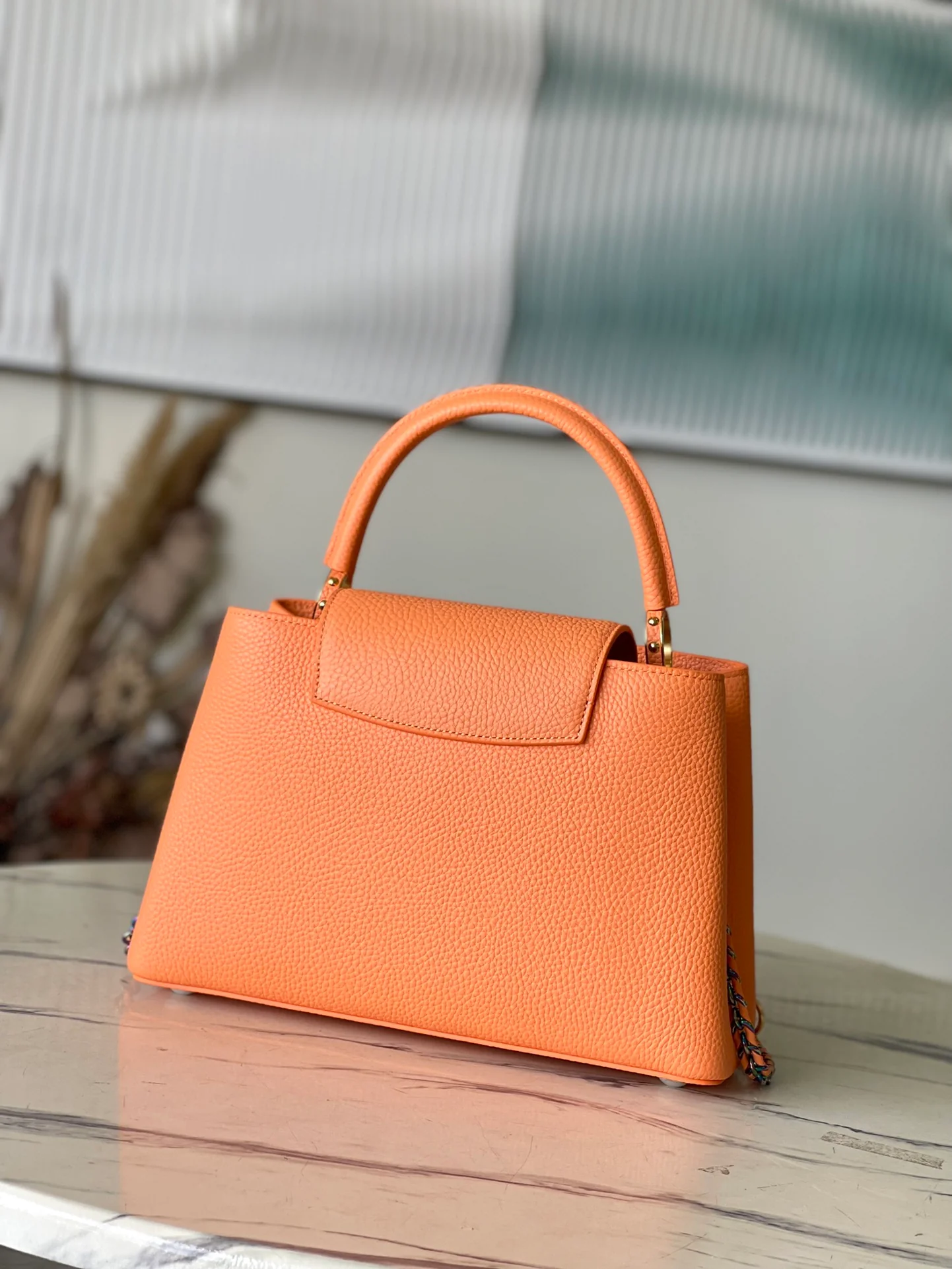 m22606-LV-Taurilon Leather-Capucines Handbag-Orange Mottled Gold Buckle-Medium Size