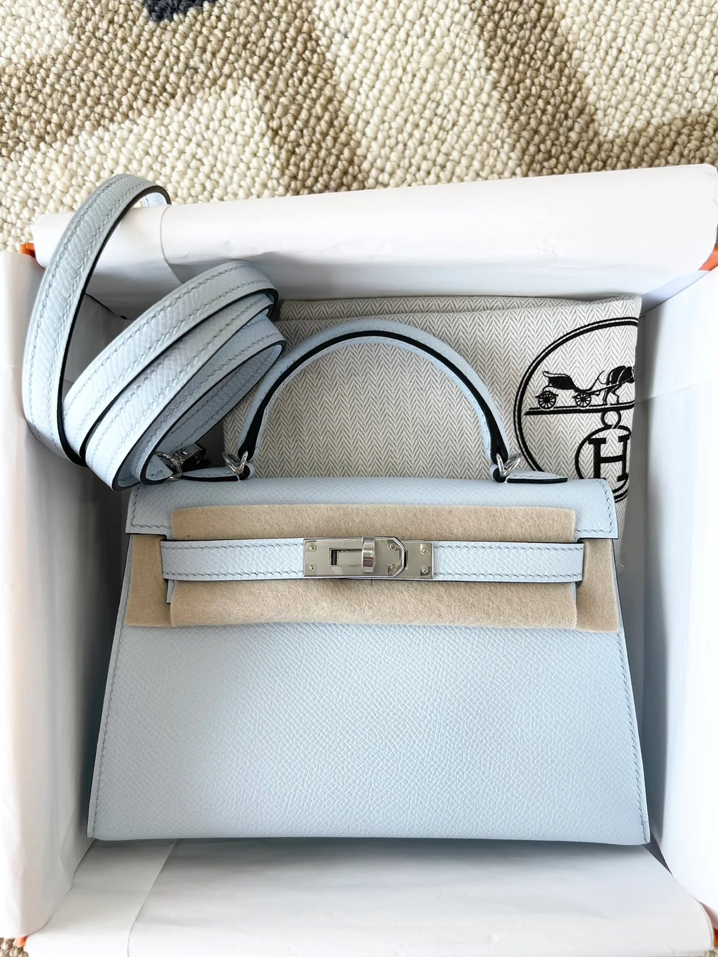 Hermes Kelly Mini 2nd Generation Epsom T0 Haze Blue with Silver Buckle