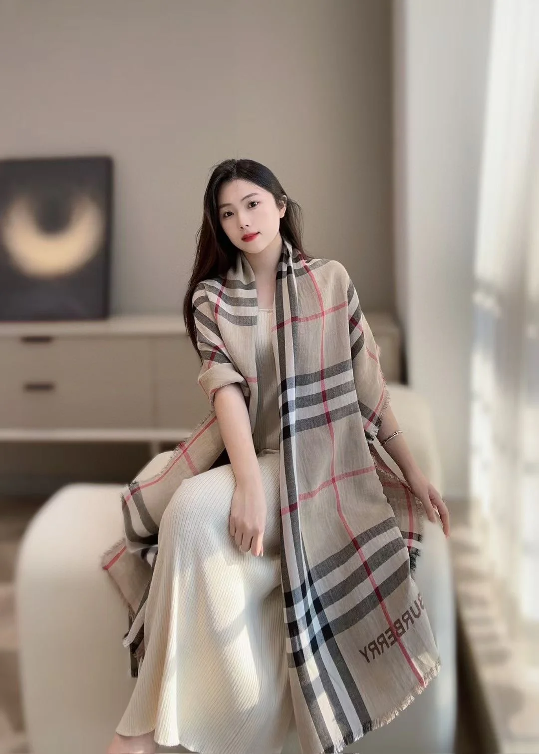 Шелково-кашемировый шарф Burberry в клетку, 2024 год - 220-70