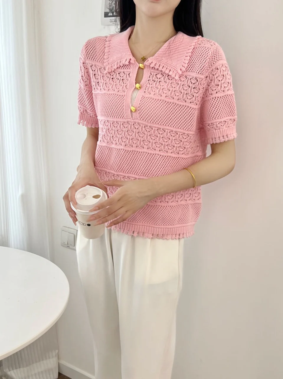 Celine-2404 - Ажурная вязаная футболка-поло с коротким рукавом, розовая