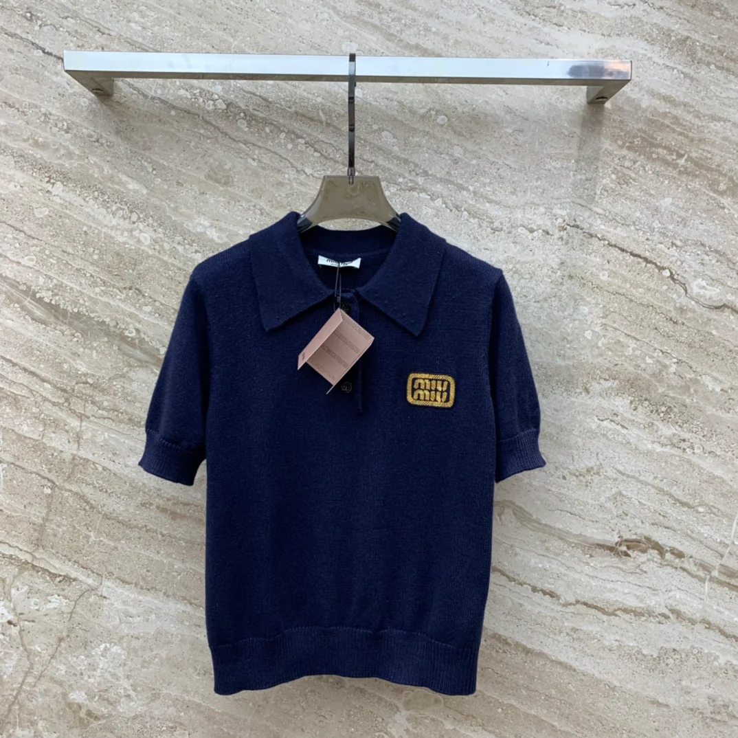 Вязаный свитер Miu Miu-2404 с логотипом Gold Thread Opolo и короткими рукавами