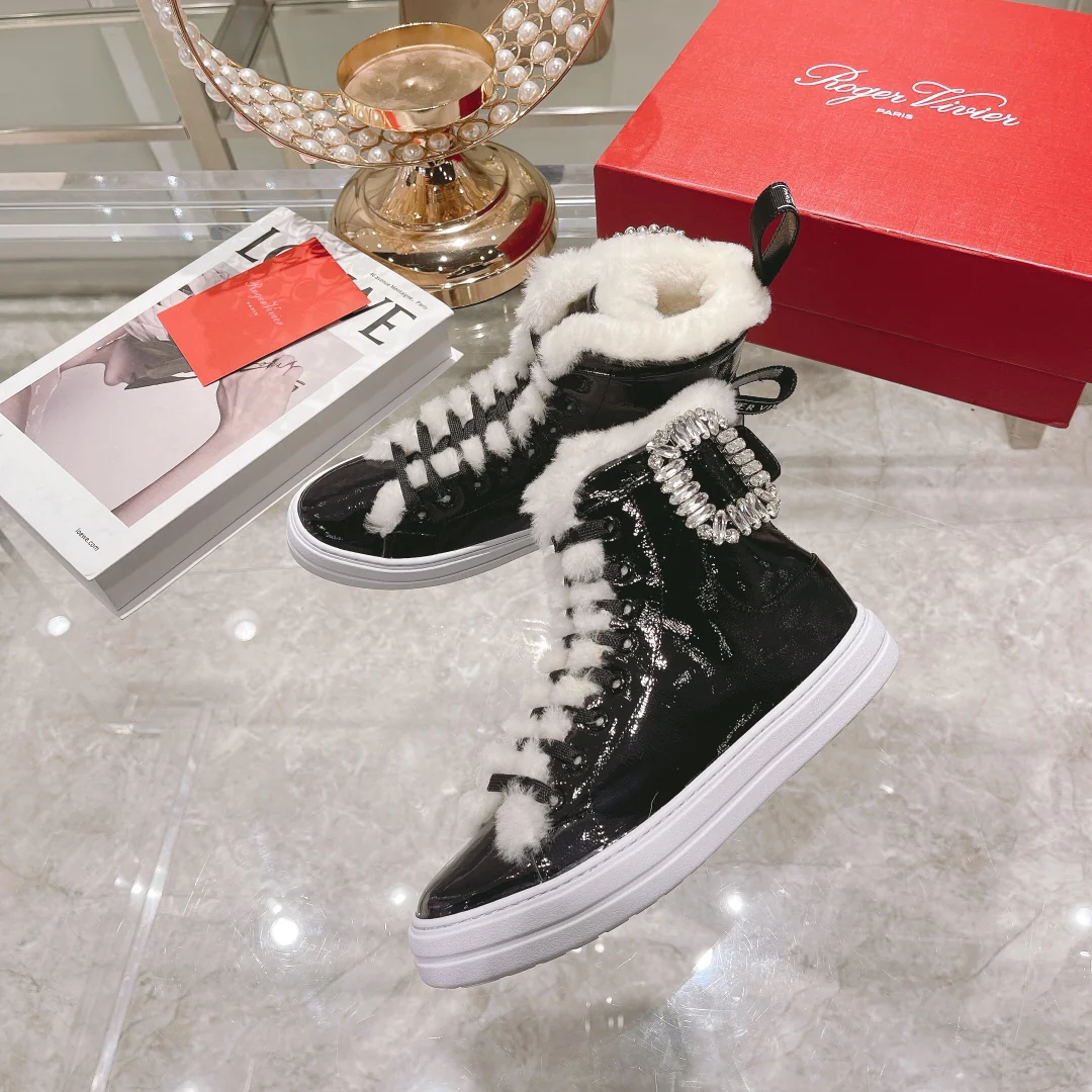 RV-Diamond Buckle Patent Leather Fur Lined High-top Shoes-White Fur Lining