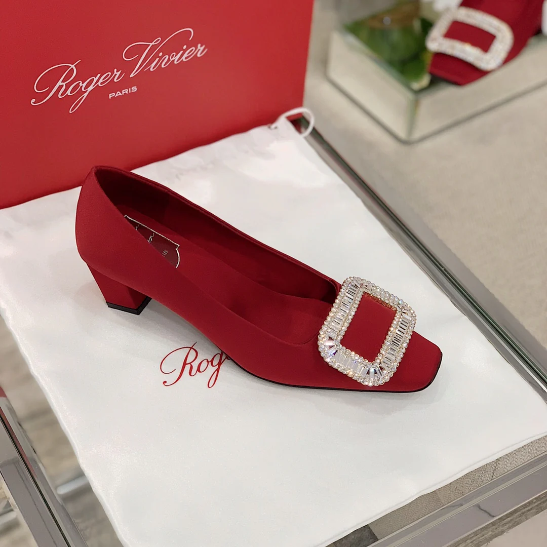 Туфли на блочном каблуке RV-4-5 см - шелковая пряжка со стразами - бордовые