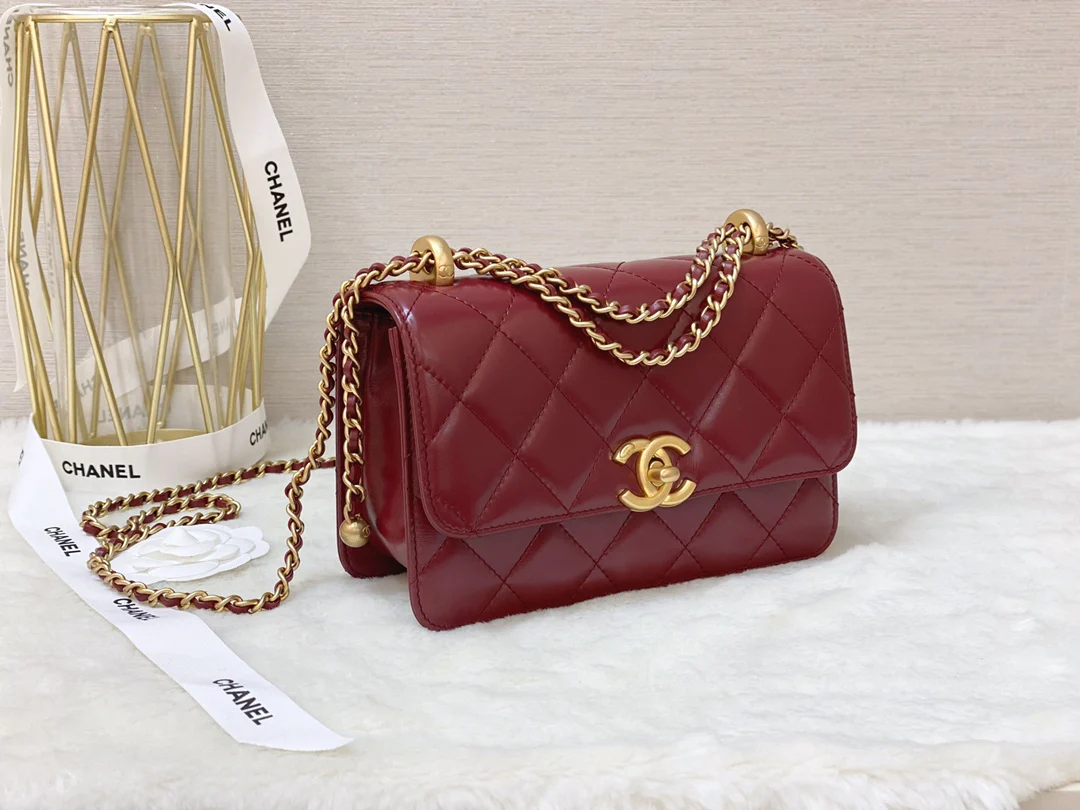 Сумка Chanel Double Gold Ball CF - бордовая, из овечьей кожи с золотой пряжкой - размер S 19 см - 1