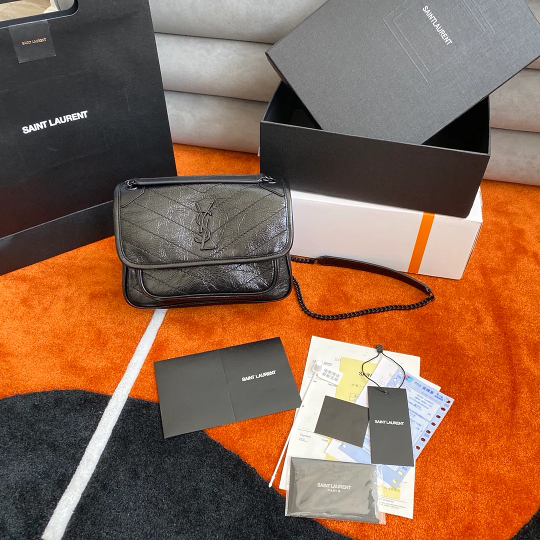 Сумка-мессенджер YSL Niki, черная кожа, 22 см.