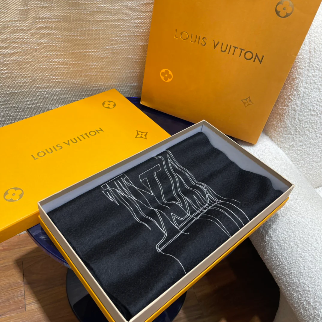 Вышитый шарф LV - 180 см - 35 см - 100% кашемир - черный