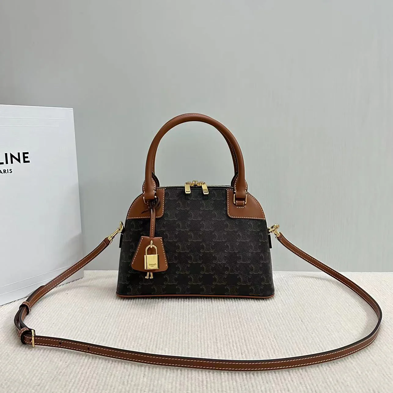 Сумка Celine из ракушки - Цветочный узор - Коричневая